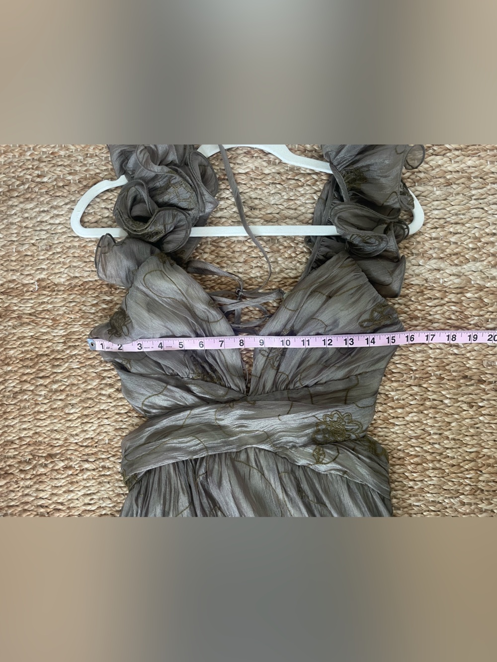 Storia Backless Corset Ruffled Maxi Dress in Olive-Taupe-Gold Wedding Guest READ - Picture 12 of 13